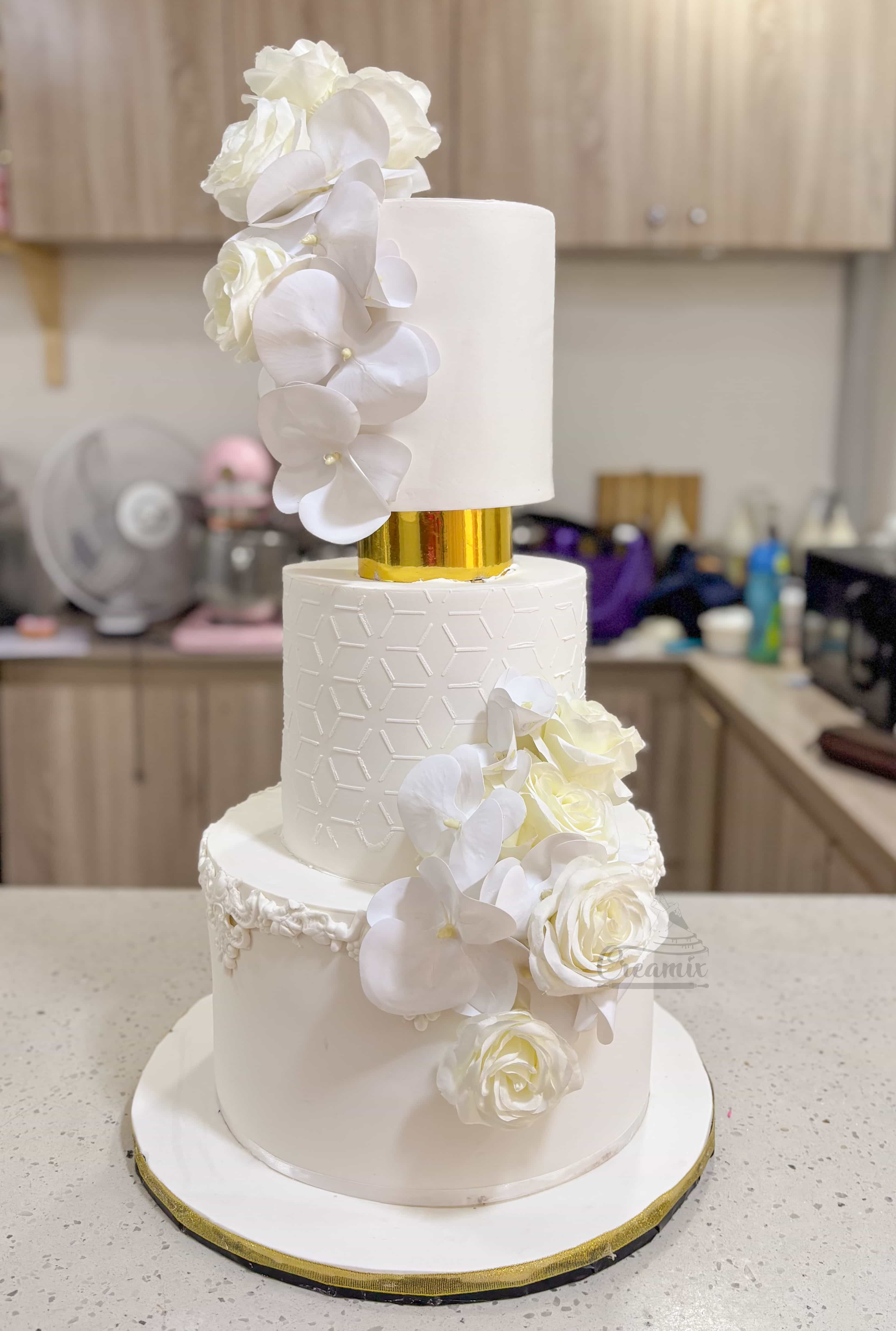 White & Gold Wedding Cake (10 inch, 7 inch & 6 inch)